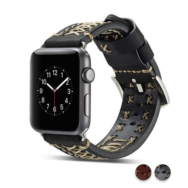 Watches Black / 42mm / 44mm Apple Watch Series 5 4 3 2 Band, Vintage Handmade Genuine Leather Strap Thread Bracelet 38mm, 40mm, 42mm, 44mm