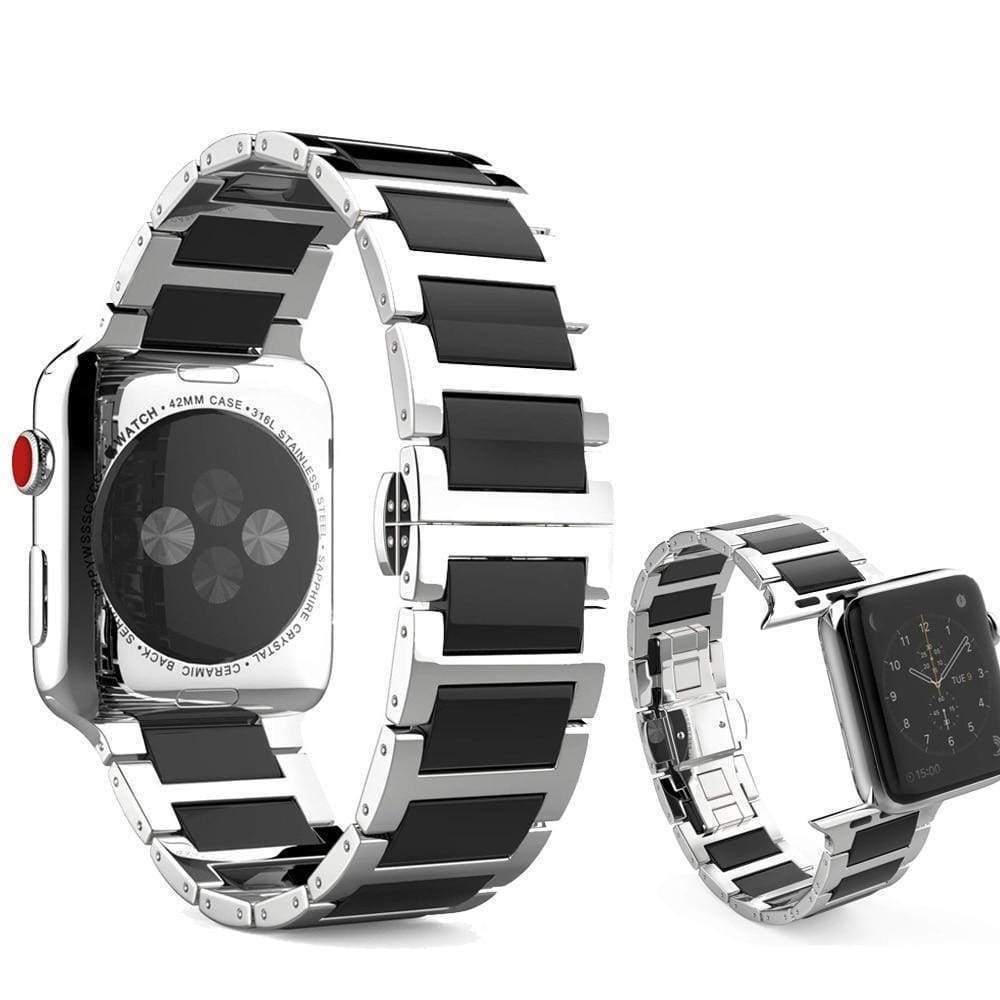 Watches Silver Black / 42mm / 44mm Apple Watch Series 5 4 3 2 Band, Ceramic Stainless Steel link Strap 38mm, 40mm, 42mm, 44mm - US Fast Shipping