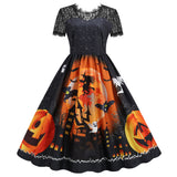 1950s Halloween Lace Patchwork Slim-fit Short Sleeve Swing Dress