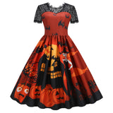 1950s Halloween Lace Patchwork Slim-fit Short Sleeve Swing Dress