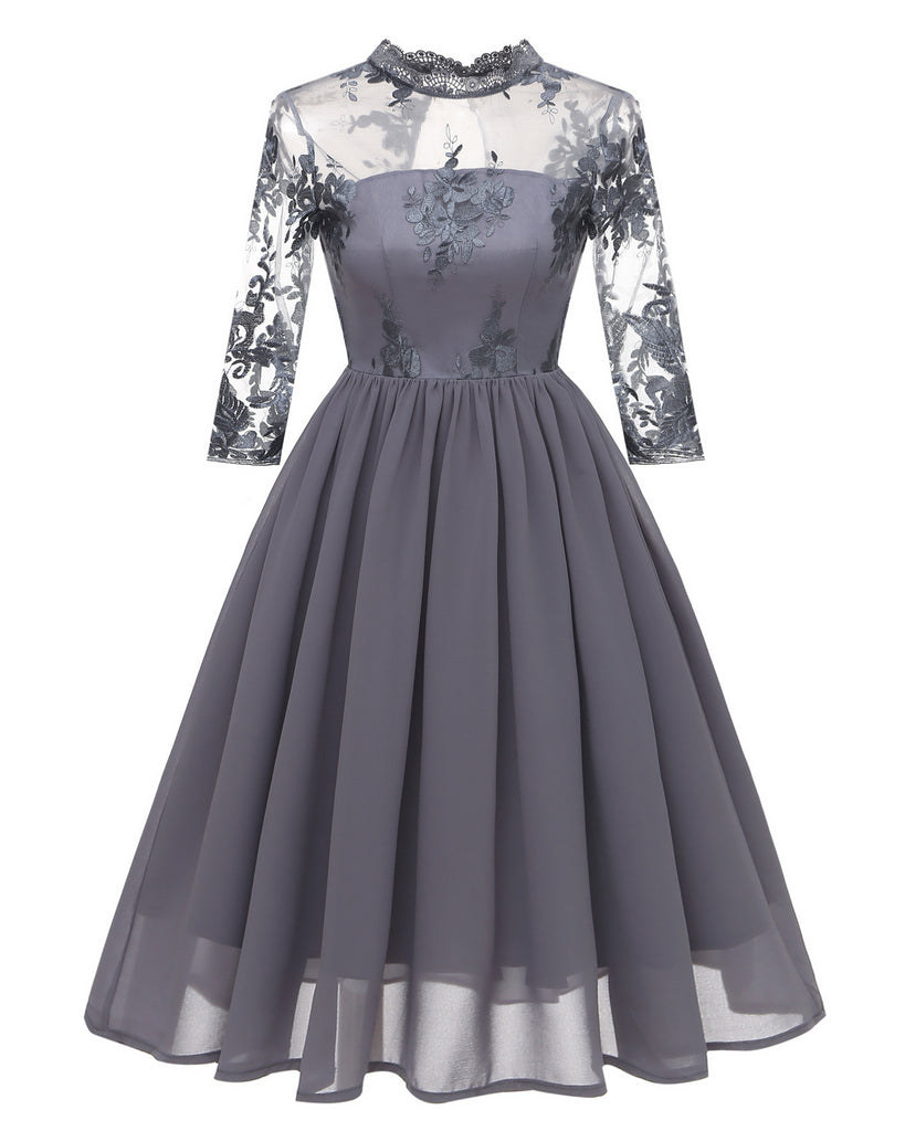 1950s Lace Embroidery Chiffon Swing Dress With Seven-point Sleeves