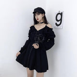 Harajuku Gothic Shirt Dresses Black Button Font V Collar Off Shoulder Women Sling Streetwear Long Sleeve A Line Black Punk Dress