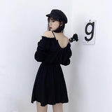 Harajuku Gothic Shirt Dresses Black Button Font V Collar Off Shoulder Women Sling Streetwear Long Sleeve A Line Black Punk Dress