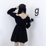 Harajuku Gothic Shirt Dresses Black Button Font V Collar Off Shoulder Women Sling Streetwear Long Sleeve A Line Black Punk Dress