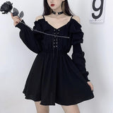 Harajuku Gothic Shirt Dresses Black Button Font V Collar Off Shoulder Women Sling Streetwear Long Sleeve A Line Black Punk Dress