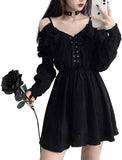 Harajuku Gothic Shirt Dresses Black Button Font V Collar Off Shoulder Women Sling Streetwear Long Sleeve A Line Black Punk Dress