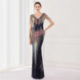 Women Beading Long Prom Dress Deep V Neck Black Gold Sequin Evening Dress Sexy Party Maxi Dress