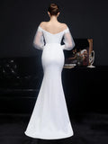 Elegant White Satin Appliques Beading Wedding Women See through Tulle Long Sleeve Party Dress