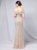 Elegant Off Shoulder Party Maxi Dress Boat Neck Gold Sequin Evening Dress Women Wedding Long Prom Dress