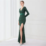 New Elegant Long Sleeve Party Maxi Dress Green Sequin Evening Dress Women Sexy Slit Prom Dress