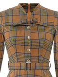 V-Neck Bow Front Buttons Plaid 50s Vintage Cotton Dress Women Spring Autumn 3/4 Sleeve Elegant Party Midi A Line Dresses