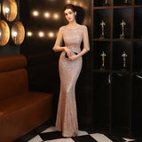 Elegant Maxi Dress Gold Sequin Evening Dress Women Formal Long Sleeve Beads Party Prom Dress