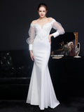 Elegant White Satin Appliques Beading Wedding Women See through Tulle Long Sleeve Party Dress