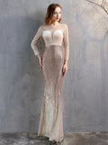 Elegant See Through Velour Evening Dress Women Long Sleeve Sequin Party Dress