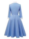 Bow Neck Button Front Blue Robes A-Line Vintage Midi Swing Dresses for Women 3/4 Length Sleeve Spring Elegant Dress