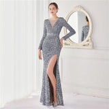 Elegant Green Sequin Evening Dress Long Sleeve Party Maxi Dress Women Sexy Slit Prom Dress