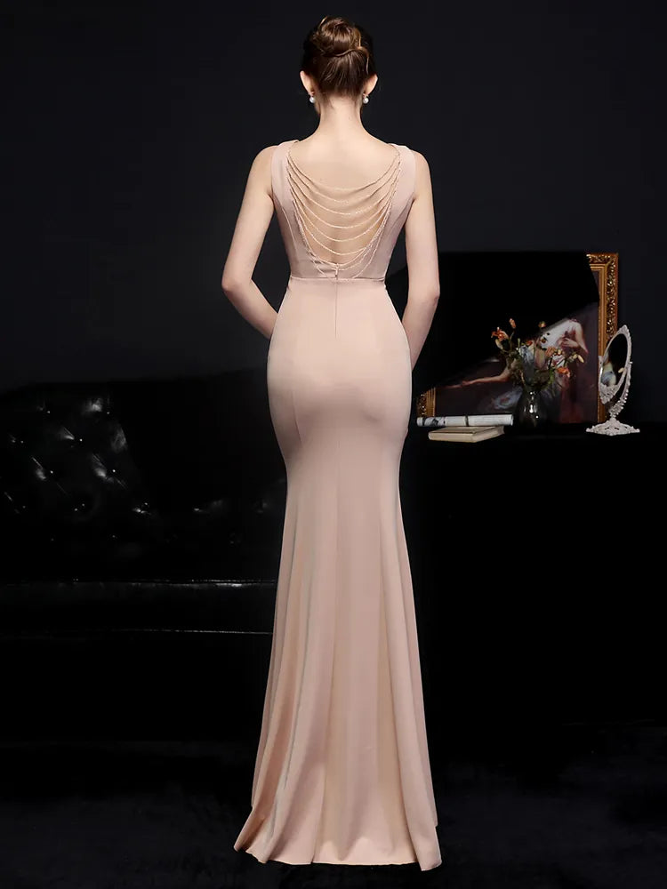 Women Elegant V Neck Backless Party Maxi Dress Beads Prom Dress Formal Gown
