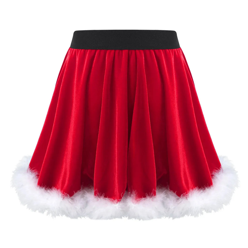 Kids Girls Christmas Santa Costume Mrs Claus Ruffled Mini Skirt High-Waist Belted Fur Trim Velvet Dance Party Mini Rulffe Dress