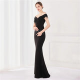 Women Black Appliques Beading Long Evening Dress Elegant Off Shoulder Formal Party Prom Dress