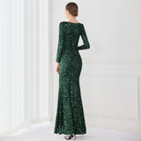 New Elegant Long Sleeve Party Maxi Dress Green Sequin Evening Dress Women Sexy Slit Prom Dress