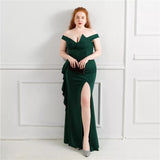 Plus Size Elegant Green Women Party Dress Slit Long Prom Dress Off Shoulder Soft Satin Pleat Long Evening Dress