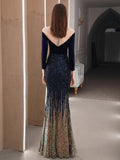 Elegant See Through Velour Evening Dress Women Long Sleeve Sequin Party Dress