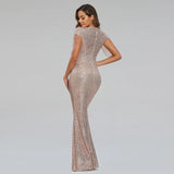 New Women Sequin Evening Dress Elegant V Neck Beaded Party Bodycon Maxi Dress