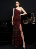 Women Beads Party Maxi Dress Elegant One Shoulder Slit Pink Sequin Prom Dress