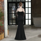 Elegant Beads Black Evening Dress Women's Strap Long Party Dress