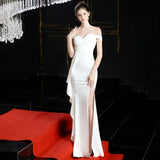 White Off Shoulder Slit Satin Long Evening Dress Elegant Women Party Dress