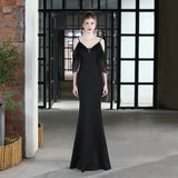 Elegant Beads Black Evening Dress Women's Strap Long Party Dress