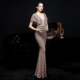 Women Gold Sequin V Neck Beaded Party Maxi Dress Elegant Evening Dress