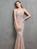 Sexy V-neck Long Sequin Evening Dress Strap Women Party Dress