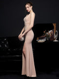 Women Elegant V Neck Backless Party Maxi Dress Beads Prom Dress Formal Gown