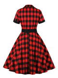 Women Cotton Rockabilly Vintage Belt Dress Turn-Down Collar Short Sleeve A-Line Summer Dresses Solid and Plaid