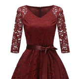 V-Neck Women Lace Swing Dress High Waist Vintage Style Three Quarter Sleeve Party Evening Ladies Dresses