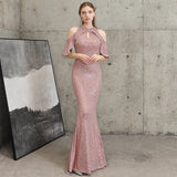Pink Sequin Evening Dress Hollow Out Elegant Off Shoulder Party Maxi Dress Long Prom Dress