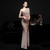 Elegant One Shoulder Slit Gold Sequin Evening Dress Women Beads Party Maxi Dress