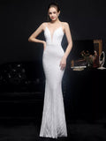 Women Strap Party Maxi Dress Sexy V Neck Evening Dress White Sequin Long Prom Dress