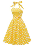 Polka Dot Yellow 1950s Vintage Pinup Belt Pleated Dresses for Women Halter Neck Corset Evening Party Cotton Dress