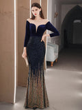 Elegant See Through Velour Evening Dress Women Long Sleeve Sequin Party Dress