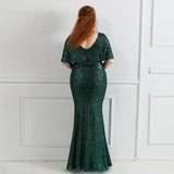 Plus Size Green Sequin Evening Dress Short Sleeve Elegant Women Party Dress Long Prom Dress