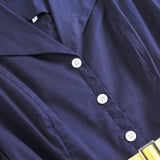 Turn-Down Collar Buttons Two Tone Elegant Patchwork Cotton Dress 50s Vintage Women Short Sleeve Swing Dresses with Belt