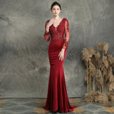 Burgundry V-neck Appliques Beaded Long Sleeve Evening Dress See through Elegant Evening Party Dress