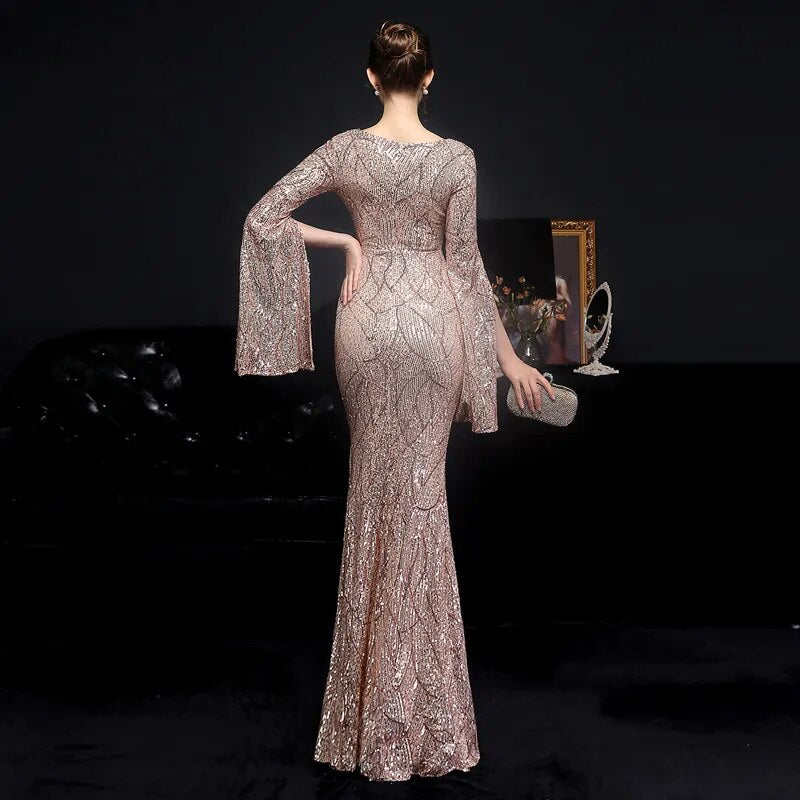 Elegant Party Maxi Dress Gold Sequin Evening Dress Women Long Sleeve Prom Dress