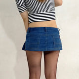 Sexy Women Fashion Pleated Micro Mini Jeans Skirt Pocket Stage Dance Skirt Low Rise Waist VintageTUTU Skirt Flounced Denim F55