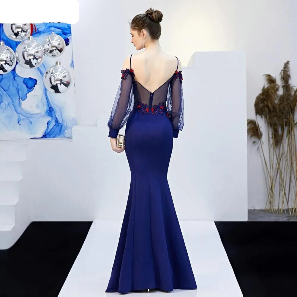 See Through Off Shoulder Appliques Beading Long Sleeve Bridesmaid Dress Strap Formal Wedding Party Dress