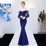 See Through Off Shoulder Appliques Beading Long Sleeve Bridesmaid Dress Strap Formal Wedding Party Dress