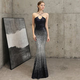 Sexy Strap Cross Back Sequins Evening Dress Backless Long Evening Party Dress