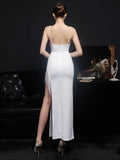 Women Sumer Sexy Strap Dress White Party Slit Prom Dress With Beads